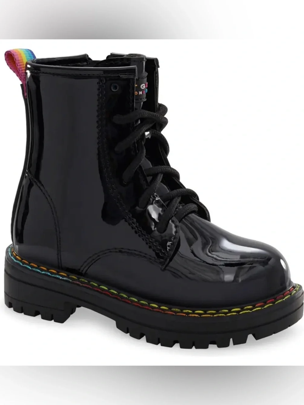 Kurt Geiger London Kids Mini Birdie Black Patent & Rainbow Combat Boots Size 10C